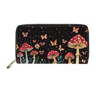 Biyejit Cartera larga de cuero para mujer, con cremallera alrededor, Mariposa de hongo, Talla única, Estampado casual