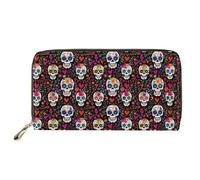 Biyejit Cartera larga de cuero para mujer, con cremallera alrededor, Patrones de calavera de azúcar, Talla única, Casual