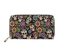 Biyejit Cartera larga de cuero para mujer, con diseño floral, tarjetero, bolsillo de capacidad, Flor de calavera de azúcar, Talla única, Casual