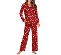 Biyejit Conjunto de pijama de bastón de Navidad para mujer, pijama casual con botones y pantalones, ropa de descanso con bolsillos XS-4XL para fiesta de pijama, hogar, 2 piezas