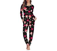 Biyejit Conjunto de pijama de manga larga para mujer, cuello redondo, acogedor, con bolsillos, tallas XS a 6XL, Bonito hongo, 4XL