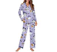 Biyejit Conjunto de pijama para mujer, con botones, informal, con pantalones, con bolsillos, tallas XS a 4XL, 2 piezas, Bonito fantasma de Halloween, XS