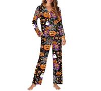 Biyejit Conjunto de pijama para mujer, con botones, informal, con pantalones, con bolsillos, tallas XS a 4XL, 2 piezas, Fantasma de calabaza de Halloween, S
