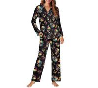 Biyejit Conjunto de pijama para mujer, con botones, informal, con pantalones, con bolsillos, tallas XS a 4XL, 2 piezas, Patrón de calavera, XL