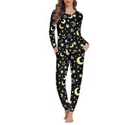 Biyejit Conjunto de pijama para mujer con pantalones y cuello redondo con bolsillos, paquete de 2 unidades, tallas XS-6XL, Estrellas de luna, M
