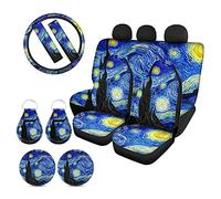 Biyejit Juego Completo de Fundas universales para Asiento Delantero y Trasero con diseño de Noche Estrellada con Funda para Volante, Funda para cinturón de Seguridad, Posavasos y llaveros para