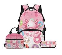 Biyejit Juego de 3 mochilas escolares, bolsa de almuerzo y estuche para lápices, bolsas casuales de 17 pulgadas para estudiantes adolescentes, Bonito ajolote, talla única, Juego de mochila escolar
