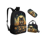 Biyejit Juego de 3 mochilas escolares con bolsa de almuerzo, estuche para lápices, bolsas ligeras para libros de 17 pulgadas, Girasol de lobo, talla única, Juego de mochila escolar