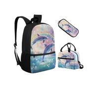 Biyejit Juego de 3 mochilas escolares con bolsa de almuerzo, estuche para lápices, bolsas ligeras para libros de 17 pulgadas, Gris (Whale), talla única, Juego de mochila escolar
