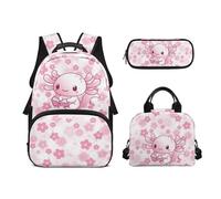 Biyejit Juego de 3 mochilas escolares con temática de animales, mochila de almuerzo y estuche para lápices, mochila escolar para niños, mochila escolar de 17 pulgadas, regalo, Flor de cerezo Axolotl