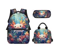 Biyejit Juego de 3 mochilas escolares con temática de animales, mochila de almuerzo y estuche para lápices, mochila escolar para niños, mochila escolar de 17 pulgadas, regalo, Kawaii Axolotl, talla