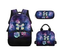 Biyejit Juego de 3 mochilas escolares de 17 pulgadas con bolsa de almuerzo, estuche para lápices, estudiantes universitarios de secundaria, Galaxia de mariposas, talla única, Juego de mochila escolar