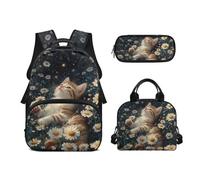 Biyejit Juego de 3 mochilas escolares de 17 pulgadas con bolsa de almuerzo, estuche para lápices, estudiantes universitarios de secundaria, Margarita de gato, talla única, Juego de mochila escolar