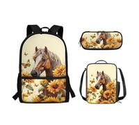 Biyejit Juego de 3 mochilas escolares para niños y niñas, con lonchera y estuche para lápices, para estudiantes, mochila casual, Caballo girasol, Mochilas de día