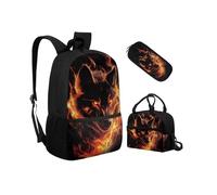 Biyejit Juego de mochilas escolares 3 en 1 para niños, bolsa de almuerzo y estuche para lápices, bolsas ligeras de 17 pulgadas, Wolf Fire, talla única, Juego de mochila escolar