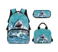 Biyejit Juego de mochilas escolares 3 en 1 para niños, con bolsa de almuerzo, estuche para lápices, gran capacidad, bolsas de libros de 17 pulgadas, Patrón de tiburones, talla única, Juego de mochila