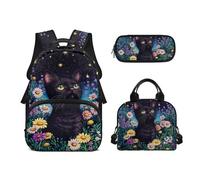 Biyejit Juego de mochilas escolares 3 en 1 para niños, con bolsa de almuerzo, estuche para lápices, gran capacidad, bolsas de libros de 17 pulgadas, gato, talla única, Juego de mochila escolar