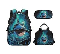 Biyejit Juego de mochilas escolares 3 en 1 para niños, con bolsa de almuerzo, estuche para lápices, gran capacidad, bolsas de libros de 17 pulgadas, Tiburón de dibujos, talla única, Juego de mochila