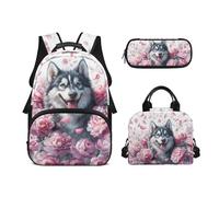 Biyejit Juego de mochilas escolares 3 en 1 para niños, con bolsa de almuerzo, estuche para lápices, gran capacidad, bolsas de libros de 17 pulgadas, Flores de lobo, talla única, Juego de mochila
