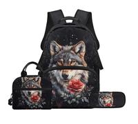 Biyejit Juego de mochilas escolares 3 en 1 para niños, mochila con bolsa de almuerzo, estuche para lápices, bolsa ligera de 17 pulgadas, Rosa lobo, talla única, Juego de mochila escolar