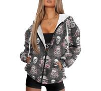 Biyejit Sudadera con capucha para mujer con bolsillo, chaquetas holgadas de manga larga para mujer, ropa deportiva, tallas XS-4XL, Patrón de calaveras, M