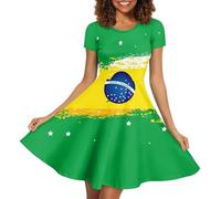 Biyejit Vestidos con estampado 3D para mujer, de manga corta, casual, con vuelo, vestido de fiesta acampanado, Bandera de Brasil, XL