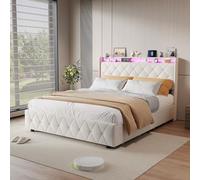 BIYFSDS - Cama doble acolchada de 140 x 200 cm con LED y USB, cama con 4 cajones y somier de láminas, marco de cama tapizado de 140 x 200 con cabeza de cama de almacenamiento para camas de 2 personas