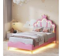 BIYFSDS Cama infantil 90 x 200 cm, Cama acolchada 90 x 200 con LED, Camas Princesas para Niña en Forma de Corona con Somier de láminas y cabecera ajustable Marco de cama Capitonado (Rosa-2, 90 x 200)