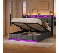 BIYFSDS Cama Matrimonio 140x190, Cama Tapizada 140x190 con almacenaje, Canape con Cabecero, Camas matrimoniales con USB y luz LED, Moderne Camas Juvenil, Hidráulica Espacio, Lino, Gris, Sin Colchon