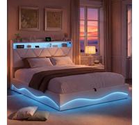 BIYFSDS Cama Matrimonio 140x200, Cama Tapizada 140x200 con almacenaje, Canape con Cabecero, Camas matrimoniales con USB y luz LED, Moderne Camas Juvenil, Hidráulica Espacio, Lino,Beige,Sin Colchon