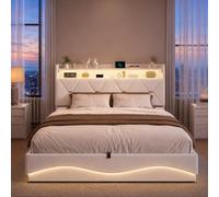 BIYFSDS Cama Matrimonio 160x200, Cama Tapizada 160x200 con almacenaje, Canape con Cabecero, Camas matrimoniales con USB y luz LED, Moderne Camas Juvenil, Hidráulica Espacio, Lino,Beige Sin Colchon