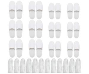 Bizarre.ly Zapatillas SPA Blancas Suaves con Bolsas de Cordel (12 Pares) Pantuflas Invitados Punta Cerrada Lavable Reutilizable - Dos Tallas (S, L) Hombres y Mujeres - Baño, Invitados, Hogar, Bodas