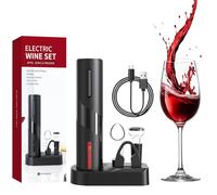 Bizcasa Sacacorchos eléctrico 6 en 1, Abridor de Botellas Recargable con Cortacapsulas Botella, Vertedor de Vino,Tapón de Vino de Vacío (Sacacorchos recargable 6 en 1 con soporte - Negro)