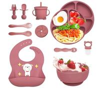 Bizcasa Vajilla Bebe Silicona, 12 Piezas Vajilla de Silicona para Bebés Antideslizante con Plato Cuenco Babero Taza, Cubiertos Bebe, Baby Led Weaning, Cubiertos Infantiles, Sin BPA (Rosa oscuro)
