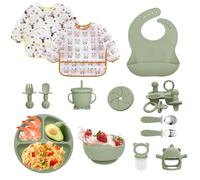 Bizcasa Vajilla Bebe Silicona, 14 Piezas Vajilla de Silicona para Bebés Antideslizante, Cubiertos Bebe para comer destete con Plato Cuenco Babero Taza Mordedor Fruta Bebe, Sin BPA (Verde)