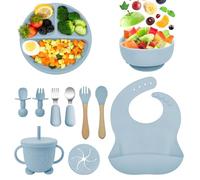 Bizcasa Vajilla para Bebés de Silicona,11 Piezas Vajilla de Silicona Plato Bebe Ventosa,Para Niños Aprender,Tazón de Platos,Cuchara de Babero,Tenedor,Taza de agua potable-Libre BPA