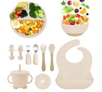 Bizcasa Vajilla para Bebés de Silicona,11 Piezas Vajilla de Silicona Plato Bebe Ventosa,Para Niños Aprender,Tazón de Platos,Cuchara de Babero,Tenedor,Taza de agua potable-Libre BPA