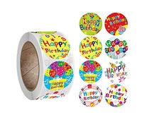 BJH 500 Piezas/Rollo Pegatinas Feliz cumpleaños, Rollo de Pegatinas Redonda, para decoración de Sobres de Regalo, Regalo de Bricolaje para Fiestas