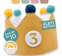 BJORKI Corona de cumpleaños para niña y niño de muselina, segura con botones de , corona reversible para cumpleaños con números del 1 al 10, diversión DIY, ritual para cumpleaños infantiles (amarillo)