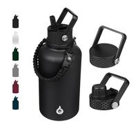 BJPKPK Botellas de agua aisladas de medio galón con tapa con popote, 64 onzas, botellas de agua de acero inoxidable con 3 tapas y asa de paracaídas para líquidos fríos y calientes, color negro