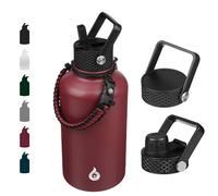 BJPKPK Botellas de agua aisladas de medio galón con tapa con popote, 64 onzas, tamaño grande, acero inoxidable, con 3 tapas y asa de paracaídas, para líquidos fríos y calientes, color rojo ladrillo