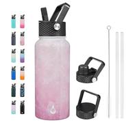 BJPKPK Botellas de agua con aislamiento y tapa con popote, botella de agua grande de metal de 32 onzas con 3 tapas, reutilizable, a prueba de fugas, sin BPA, termo de acero inoxidable para deportes