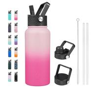 BJPKPK Botellas de agua con aislamiento y tapa con popote, botella de agua grande de metal de 32 onzas con 3 tapas, reutilizable, a prueba de fugas, sin BPA, termo de acero inoxidable para deportes