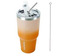 BJPKPK Juego de vasos de acero inoxidable de 30 onzas con aislamiento al vacío de doble pared, taza de café con pajillas de metal, tapas a prueba de salpicaduras, coral, T30coral