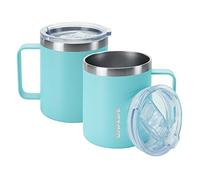 BJPKPK Taza de café de 14 onzas con asa, paquete de 2, taza de café aislada de acero inoxidable con tapa a prueba de salpicaduras, turquesa