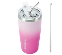 BJPKPK Vaso aislado de 20 onzas con tapa y popote, vaso de café al vacío de acero inoxidable, taza de viaje con recubrimiento en polvo, Sakura