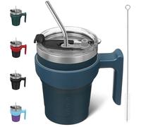 BJPKPK Vaso aislado de acero inoxidable con asa de 10 onzas con tapa y popote para mujeres y hombres, color azul marino