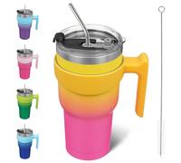 BJPKPK Vaso de café con asa y tapa con popote, de 30 onzas, de acero inoxidable, aislado, para el hogar, la oficina o el coche, rosa y amarilla