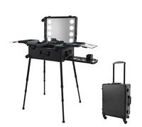 BJTDLLX Maletín de maquillaje con ruedas, 21 pulgadas, maletín de maquillaje con 8 perlas LED y espejo, maletín de peluquería para salones de belleza, color negro