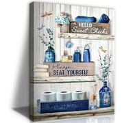 BJVJKSU Decoración de baño azul marino, arte de pared rústico azul para baño, lienzo decorativo de pared con texto en inglés "Please Seat Yourself", pintura de arte estética vintage (12 x 16 pulgadas)